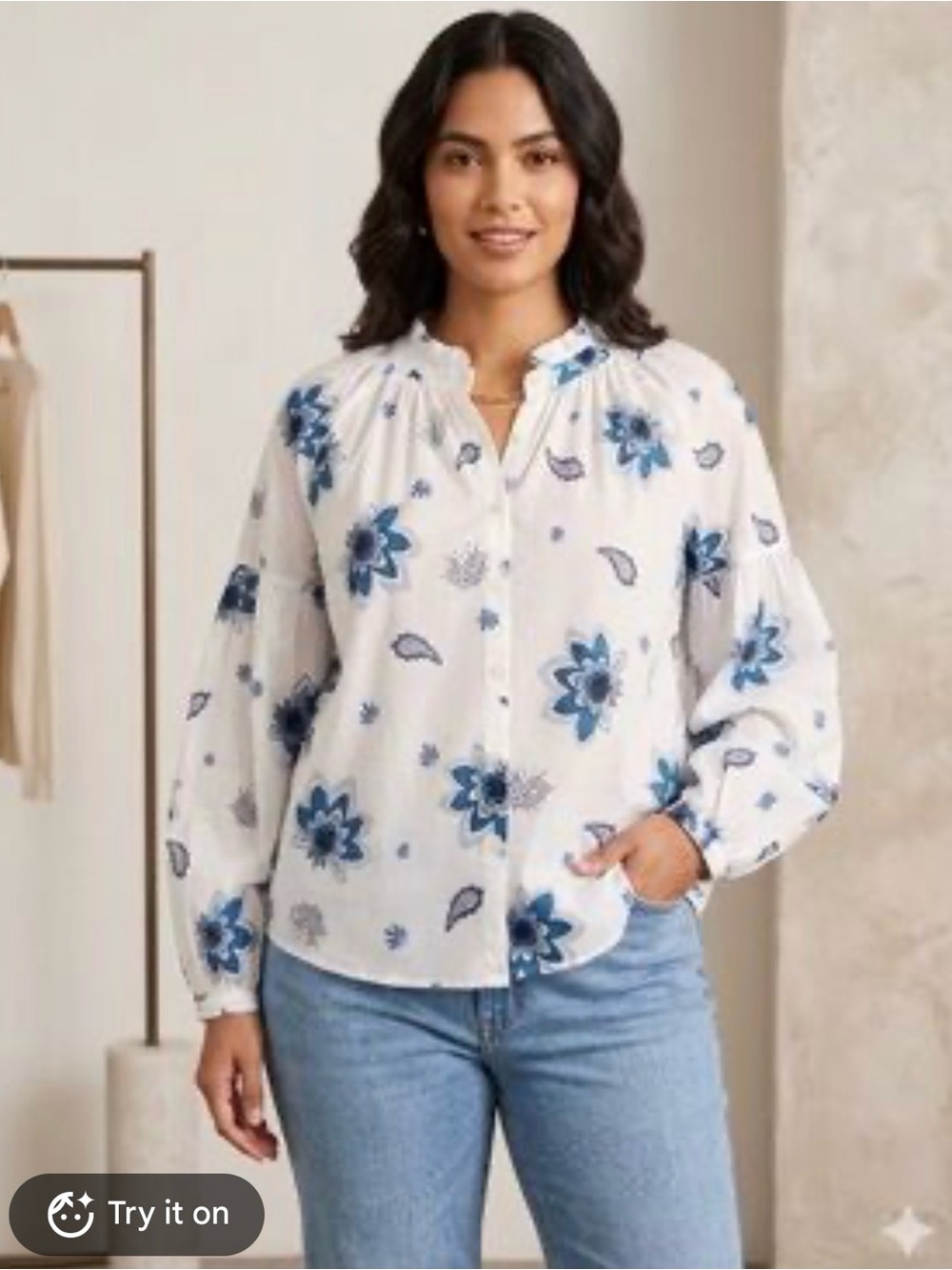 2 for $20 sale: LOFT White Blue Floral Print Button Down Blouse Top -S